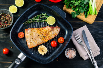 grill pan with ribs steak and vegetables, preparing delicious food for the culinary blog