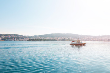 Beautiful View at town Okrug Gornji from boat in the Adriatic sea at sunny summer morning