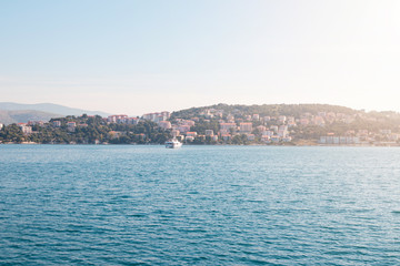 Fototapeta premium Beautiful View at town Okrug Gornji from boat in the Adriatic sea at sunny summer morning