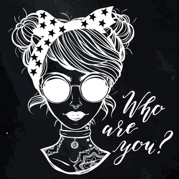 Vector illustration. Retro girl with glasses and tattoos,lettering. Handmade, prints on T-shirts, tattoos, background chalkboard