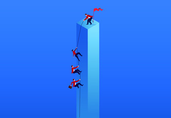 Businessman pulls teammate to the top with a rope