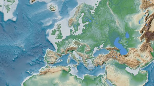 Czech Republic area presented against the global physical map in the Fahey projection with animated oblique transformation