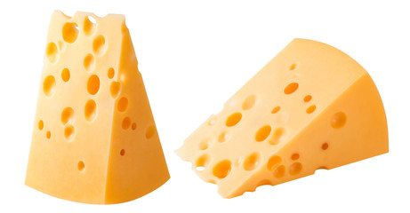 Vertical and horizontal cheese pieces isolated on white background. With clipping path