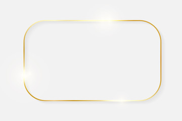 Gold shiny glowing vintage frame with shadows isolated on white background. Golden luxury realistic border. Wedding, mothers or Valentines day concept. Xmas and New Year abstract. Vector illustration