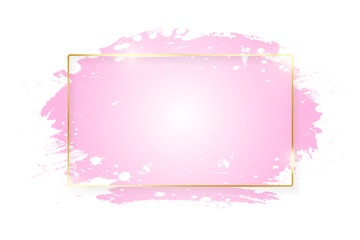 Gold shiny glowing rectangle frame with pink brush strokes isolated on white background. Golden line border for invitation, card, sale, fashion, wedding. Woman, Valentine or mother day concept. Vector
