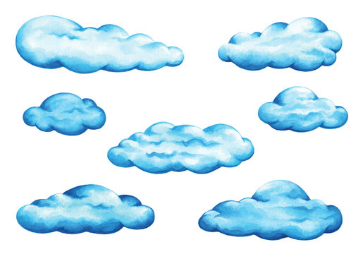 Set of blue, fluffy, watercolor clouds isolated on white background. Hand drawn weather elements, cute cloud clip art.