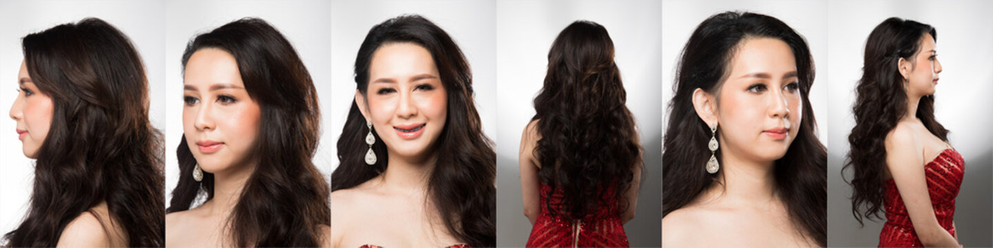Asian Woman before after applying make up hair style. no retouch comparison left right, fresh face with acne, lips, nice smooth skin. Studio lighting white background, for aesthetics therapy treatment