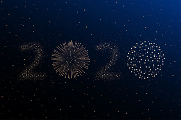 Firework 2020 New year concept on blue night sky background. Christmas card. Congratulations or invitation background. Vector illustration