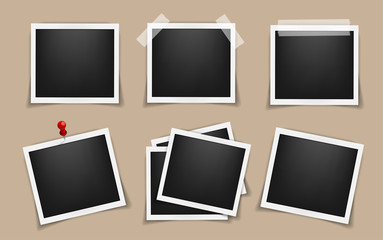 Pack of square realistic frame templates with shadows isolated on transparent background. Simple, on metal pin, on white sticky tape Vector illustration