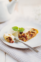 Apple strudel with ice cream