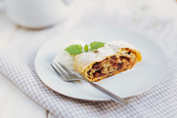 Apple strudel with ice cream