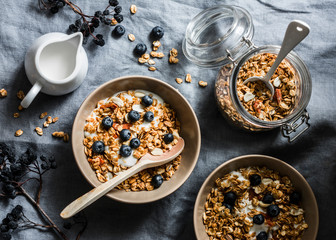 Homemade granola with greek yogurt and blueberries on a grey background, top view. Healthy energy breakfast or snack. Flat lay - obrazy, fototapety, plakaty