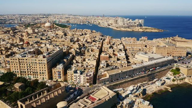 Aerial view of Valletta, Sliema, Manoel island. Capital of Malta island. Morning. Mediterranean sea