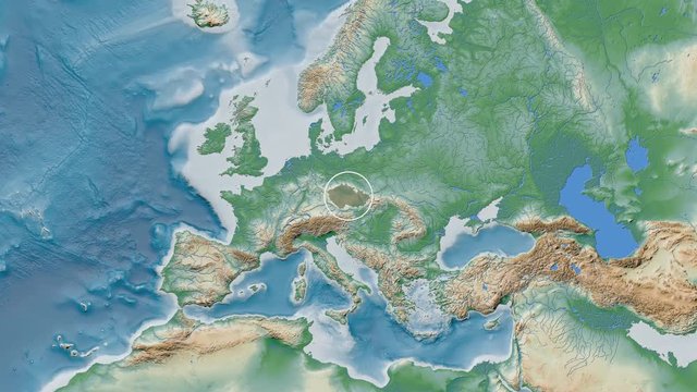 Czech Republic area presented against the global physical map in the Patterson Cylindrical projection with animated oblique transformation