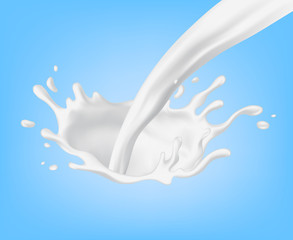 Obraz na płótnie Canvas Big milk splash and pouring vector realistic illustration isolated on blue background