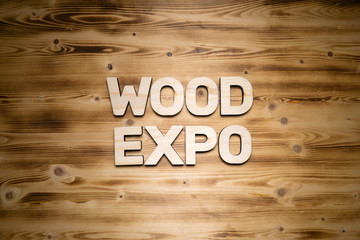 WOOD EXPO words made of wooden block letters on wooden board, top view.