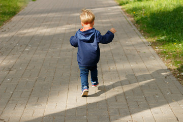 Back view of baby boy running and jumping in the spring or autumn alley.