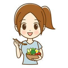 サラダを食べる女性　上半身　01