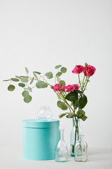 fresh pink roses and eucalyptus in transparent bottle with turquoise gift box isolated on white