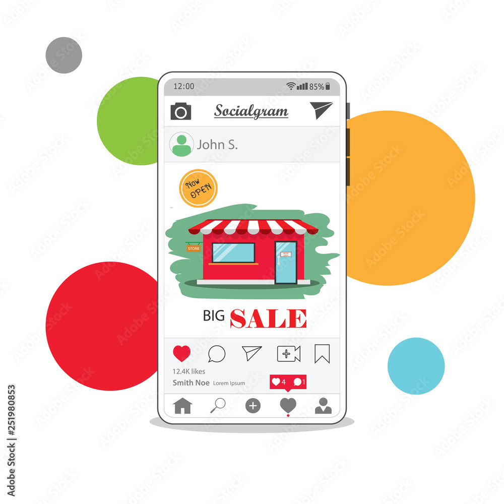 Poster social media app on smartphone screen. selling online via internet networking to gain more benefit. 