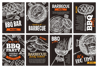 Set of vector hand drawnbarbecue posters with grilled food, sausages, chicken, french fries, steaks, fish, BBQ bar and party welcome. Collection of trendy sketch cards with typographic on the chalkboa - obrazy, fototapety, plakaty