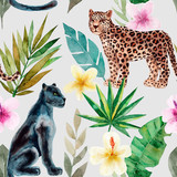 Seamless pattern with leopard and panther, tropical leaves. Trendy style. Exotic and jungle animal. Hand drawn watercolor illustration. Summer luxury design for print, printing on paper or fabric