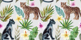Seamless pattern with leopard and panther, tropical leaves. Trendy style. Exotic and jungle animal. Hand drawn watercolor illustration. Summer luxury design for print, printing on paper or fabric