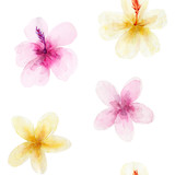 Seamless pattern with flowers and green tropical palm leaves. Exotic and jungle trendy style. Hand drawn watercolor illustration. Exotic hawaiian summer design for print, printing on paper or fabric