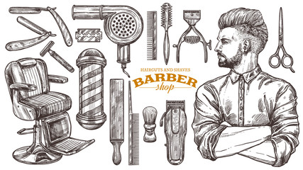 Vector collection of hand drawn barbeshop tools and accessories with hipster model man. Sketch vintage illustration of shaving and hairdresser equipments: razor, comb, scissors, barber shop pole