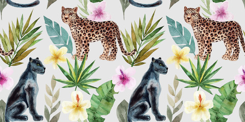 Seamless pattern with leopard and panther, tropical leaves. Trendy style. Exotic and jungle animal. Hand drawn watercolor illustration. Summer luxury design for print, printing on paper or fabric