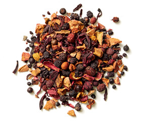 Karkade, red tea and dried berries isolated on white background. Top view. Close up. High resolution
