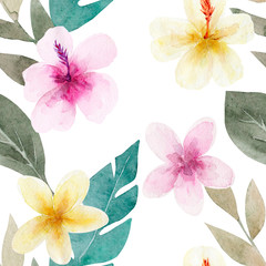Seamless pattern with flowers and green tropical palm leaves. Exotic and jungle trendy style. Hand drawn watercolor illustration. Exotic hawaiian summer design for print, printing on paper or fabric