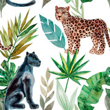 Seamless pattern with leopard and panther, tropical leaves. Trendy style. Exotic and jungle animal. Hand drawn watercolor illustration. Summer luxury design for print, printing on paper or fabric