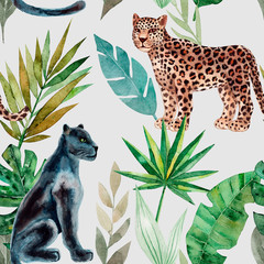 Seamless pattern with leopard and panther, tropical leaves. Trendy style. Exotic and jungle animal. Hand drawn watercolor illustration. Summer luxury design for print, printing on paper or fabric