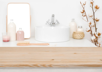 Wooden table top for product display and blurred bathroom background - Powered by Adobe
