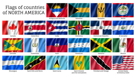 National countries flags of North America continent. USA, Mexico, Canada, Costa Rica, Jamaica, Barbados, Salvador, Cuba, Dominica 3d realistic waving flags. Patriotic symbols vector illustration set.