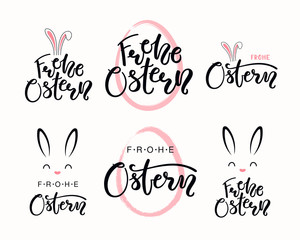 Set of hand written quotes Frohe Ostern, Happy Easter in German, with egg outline, bunny face. Isolated objects on white background. Hand drawn vector illustration. Design concept for card, banner.