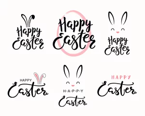 Foto op Plexiglas Illustraties Set handgeschreven kalligrafische belettering citaten Happy Easter, met ei omtrek, bunny gezicht. Geïsoleerde objecten op een witte achtergrond. Hand getekend vectorillustratie. Ontwerpconcept voor kaart, banner.