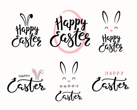 Set of hand written calligraphic lettering quotes Happy Easter, with egg outline, bunny face. Isolated objects on white background. Hand drawn vector illustration. Design concept for card, banner.