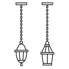 Outdoor pendant lighting. Hanging lantern. Line vector icon