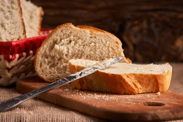 bread with butter. Concept of homemade food. Close up
