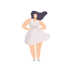 Happy Brunette Plump Woman in White Dress, Body Positive, Self Acceptance and Beauty Diversity Concept Vector Illustration