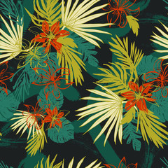 Beautiful Exotic Flowers and Leaves Pattern Vector  Illustration for Surface , Invitation , Notebook, Banner , Wrap Paper ,Textiles, Cover, Magazine ,Postcard Background ,Textile , Wallpaper, Fashion 