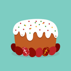 Vector cartoon style illustration, card for Orthodox Easter Day with easter cake called kulich and decorated red eggs.