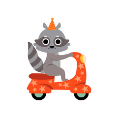 Raccoon Riding on Motorbike, Cute Funny Animal Performing in Circus Show Vector Illustration
