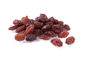 Dried grapes raisins isolated on white. Fruit background. Angle view