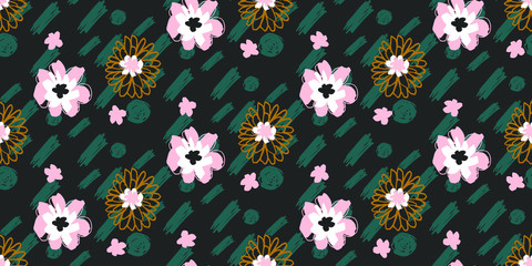 Beautiful Exotic Flowers and Brush Strokes Illustration for Surface , Invitation , Notebook, Banner , Wrap Paper ,Textiles, Cover, Magazine ,Postcard Background ,Textile , Wallpaper, Fashion 