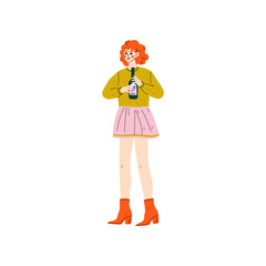 Young Woman in Casual Clothes Standing with Bottle of Alcohol Drink Vector Illustration