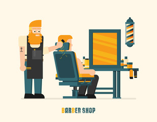 Young hipster man barber in barber shop. vector flat design illustration