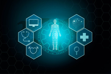 abstract background technology concept in blue light,brain and human body technology modern medical science in future and global international medical 